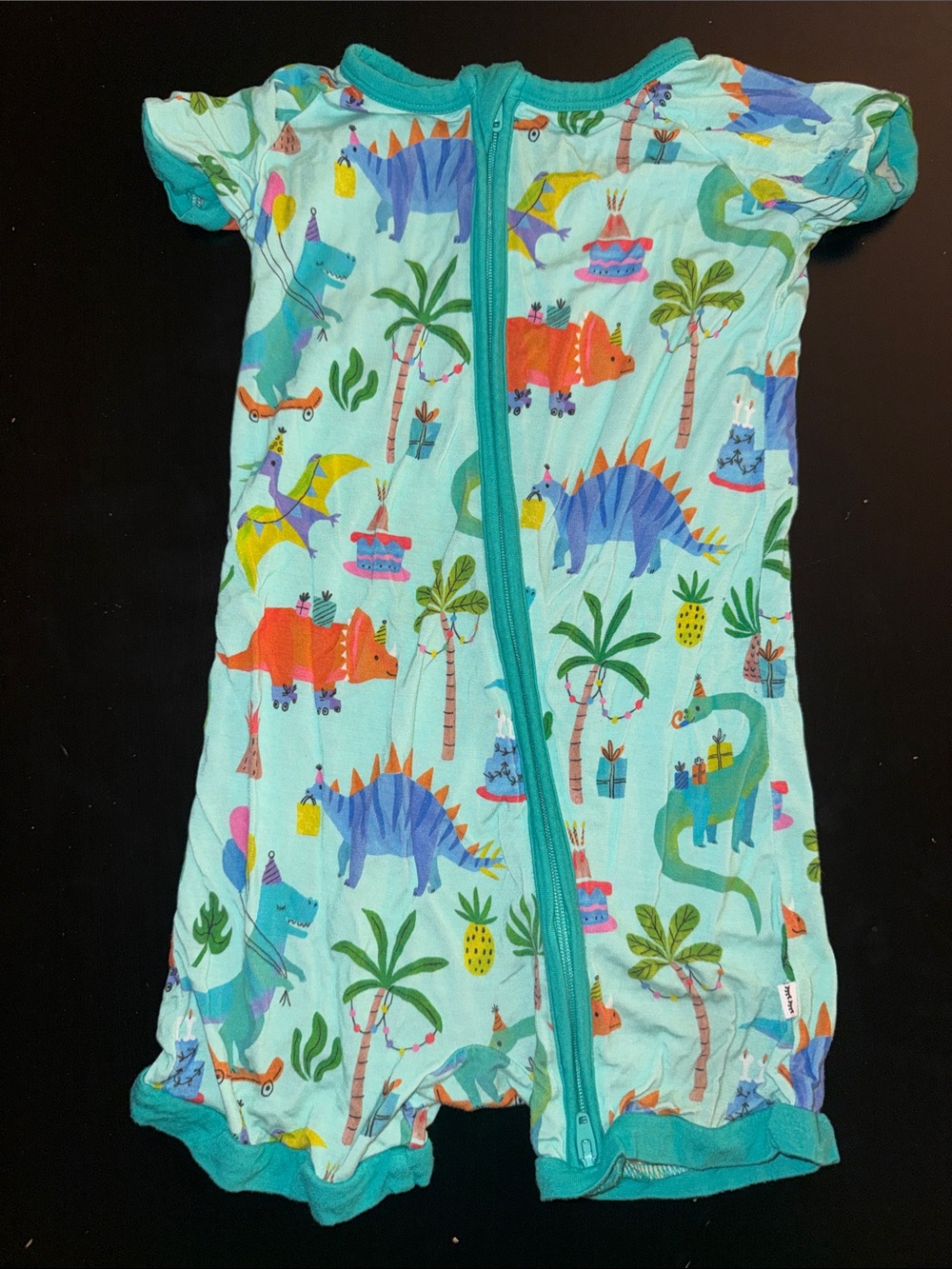 Baby Dino Bday Print Short Sleeve Zipper Romper - Aqua